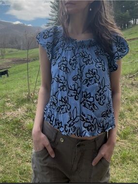 Lush Blue Off-Shoulder Smocked Blouse, Black Floral Print- Like New, Small, Y2K